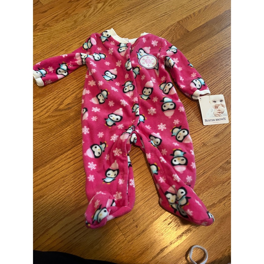 Buster Brown Baby Girls Pink Penguin Fleece Footed Sleeper Pajamas 3-6M NWT